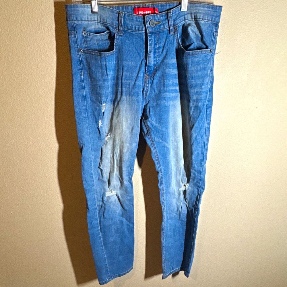 Ring of Fire Men’s Light Wash Blue Denim Jeans Slim Skinny Distressed 5-Pocket